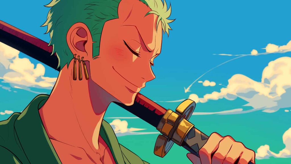Roronoa Zoro in relaxed samurai pose, symbolizing confident streaming.