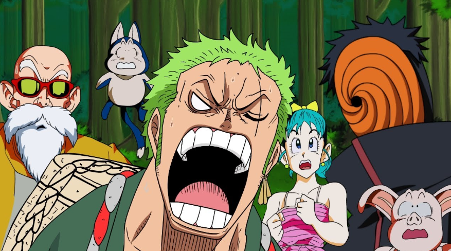 Zoro lost in another anime meme; creative crossover visual